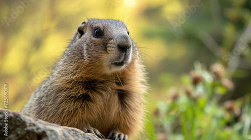 adorable marmot with curious gaze and furry features. Charm of this cute creature in stunning detail, early spring time, snow, sun and first green sprouts