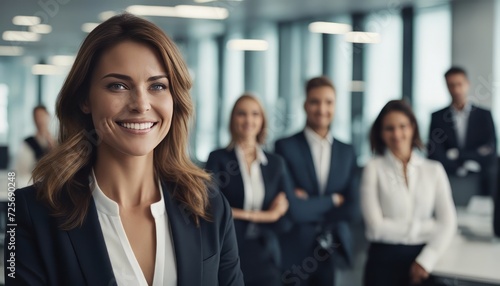 Female leader, manager or CEO with a smile, mission and vision in the office and her team in the background
