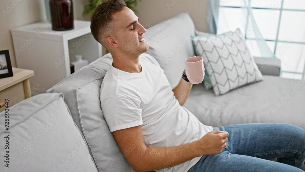 Smiling young hispanic man lounging at home on a sofa, holding a pink mug in a comfortable living room Smiling young hispanic man lounging at home on a sofa, holding a pink mug in a comfortable living room