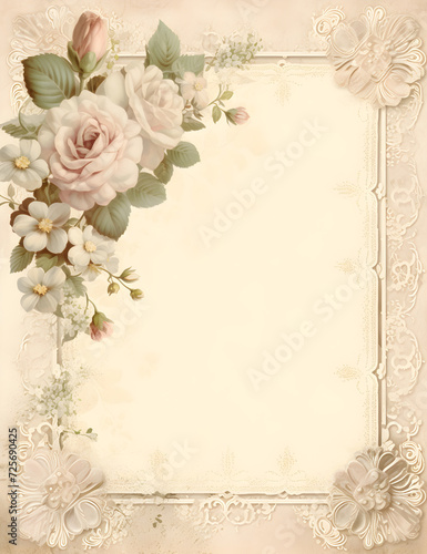 Vintage Wedding Scrapbook Paper Journal, Lace, Florals, flowers, empty space, green, pink, ivory, white © Minimal Mocks