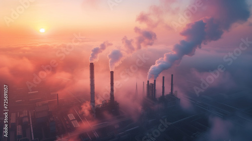 aerial view of a heavy industry plant at sunrise