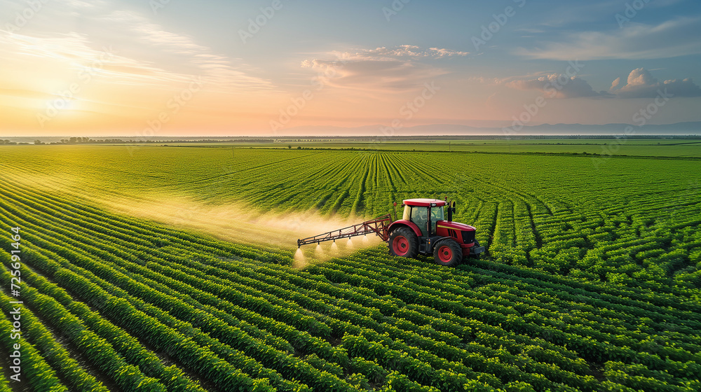 A tractor sprays chemicals to control pests and weeds in crops, ensuring healthier and more abundant harvests A tractor sprays chemicals to control pests and weeds in crops, ensuring healthier and more abundant harvests