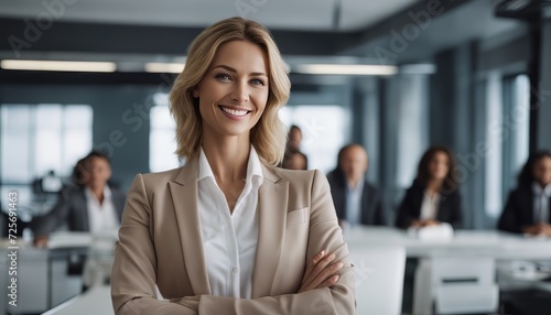 Female leader, manager or CEO with a smile, mission and vision in the office and her team in the background