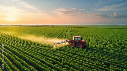 A tractor sprays chemicals to control pests and weeds in crops, ensuring healthier and more abundant harvests