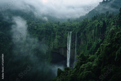 Tropical Forest Waterfall Flowing Through Dark Shades of Lush Greenery
