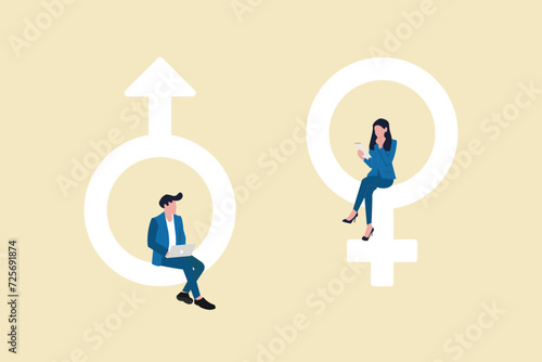 Businessman and business sitting with gadget. concept of gender gap or business inequality concept. Business career challenge symbol. Eps10 vector illustration