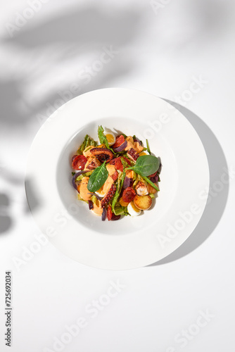 Mediterranean salad with octopus, potatoes, tomatoes, and Kalamata olives, served with a spicy sauce, top view in shadow on a white plate