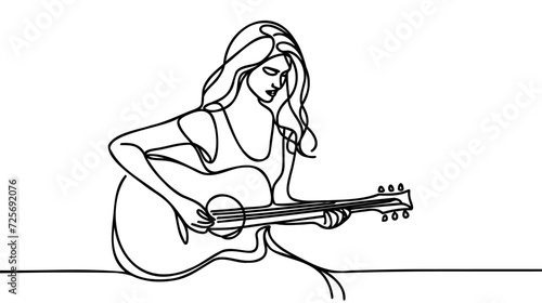Woman stands playing guitar - one line art vector. Concept guitarist with classical guitar, learning to play guitar