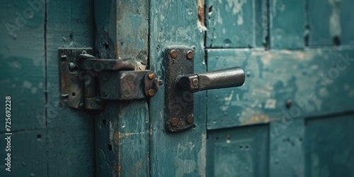 A close-up view of a door handle on a wooden door. This image can be used to showcase the craftsmanship of the door or to illustrate home security and safety