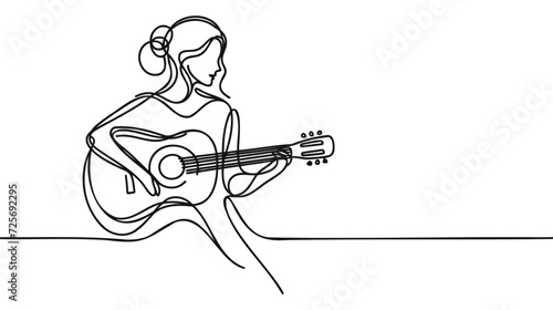 Woman stands playing guitar - one line art vector. Concept guitarist with classical guitar, learning to play guitar