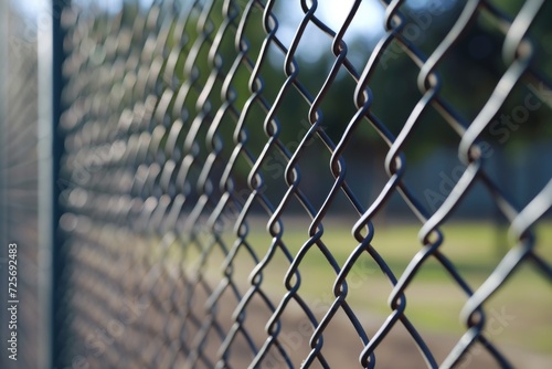 A detailed view of a chain link fence. Can be used to depict security, boundaries, or confinement