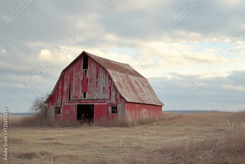 A picturesque red barn standing in a field with a beautiful sky background. Perfect for agricultural, rural, or countryside themes