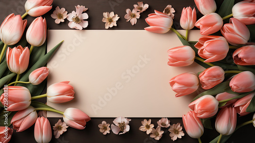 Composition of flowers and tulips with space for writing. #725692828