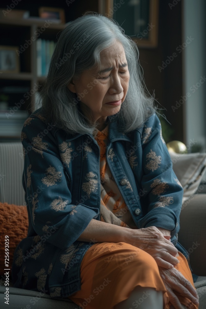 A woman sitting on a couch with her hands resting on her knees. This image can be used to depict relaxation, contemplation, or solitude A woman sitting on a couch with her hands resting on her knees. This image can be used to depict relaxation, contemplation, or solitude
