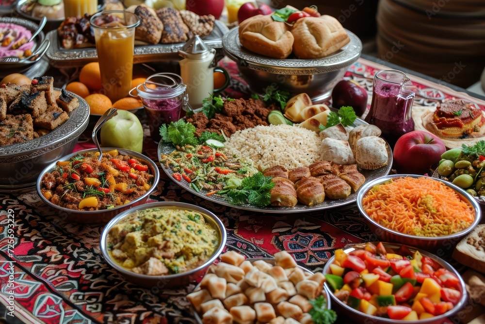 Ramadan Mubarak Iftar/Suhoor feast celebration, Traditional Islamic Muslim religious holy month of fasting