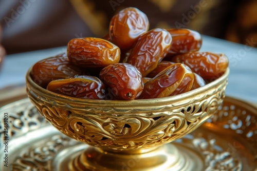 Arabic Medjool ajwa maryam dates in a golden bowl, Islamic ramadan islam iftar food for breaking fast sunnah