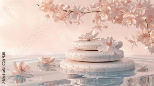 3d podium in sparkling water. Background product display scene. 3d stand stone platform. Mockup podium rock space cosmetic stage peach color. 