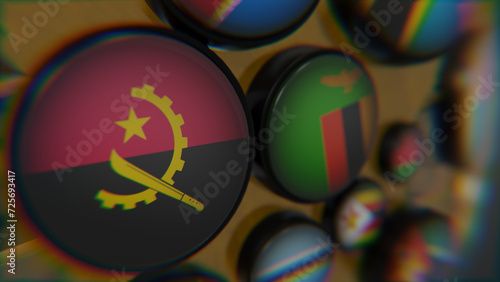 African Flags on golden wireframe globe 3d modeled scene focused on Angola