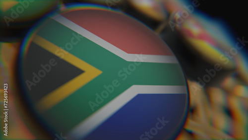 African Flags on golden wireframe globe 3d modeled scene focused on South Africa