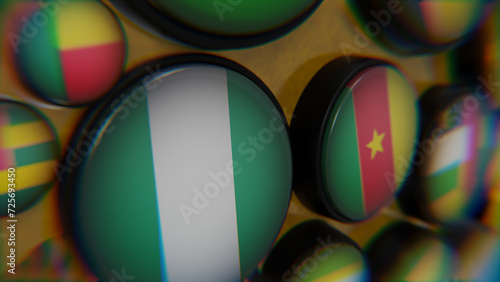 African Flags on golden wireframe globe 3d modeled scene focused on Nigeria