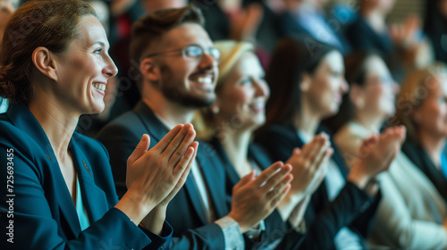 Smiling business professionals in the audience at a seminar, applauding and celebrating success and teamwork. A vibrant workshop or conference filled with joy and support