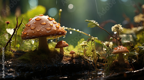 Macro shot of mushrooms in the grass after rain photo