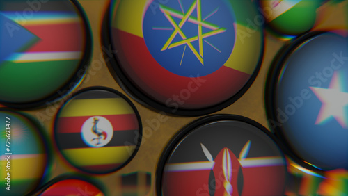 African Flags on golden wireframe globe 3d modeled scene