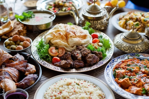Ramadan Mubarak Iftar/Suhoor feast celebration, Traditional Islamic Muslim religious holy month of fasting