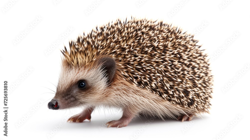 Obraz premium A cute hedgehog standing on a white surface. Perfect for animal lovers and nature-themed designs