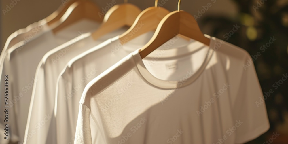 Obraz premium A row of white shirts hanging on a wooden hanger. Perfect for showcasing fashion, clothing, or wardrobe organization