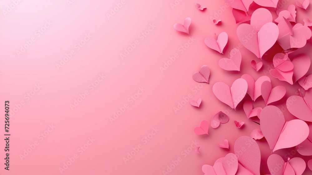 Paper composition in the shape of flying hearts on pink background