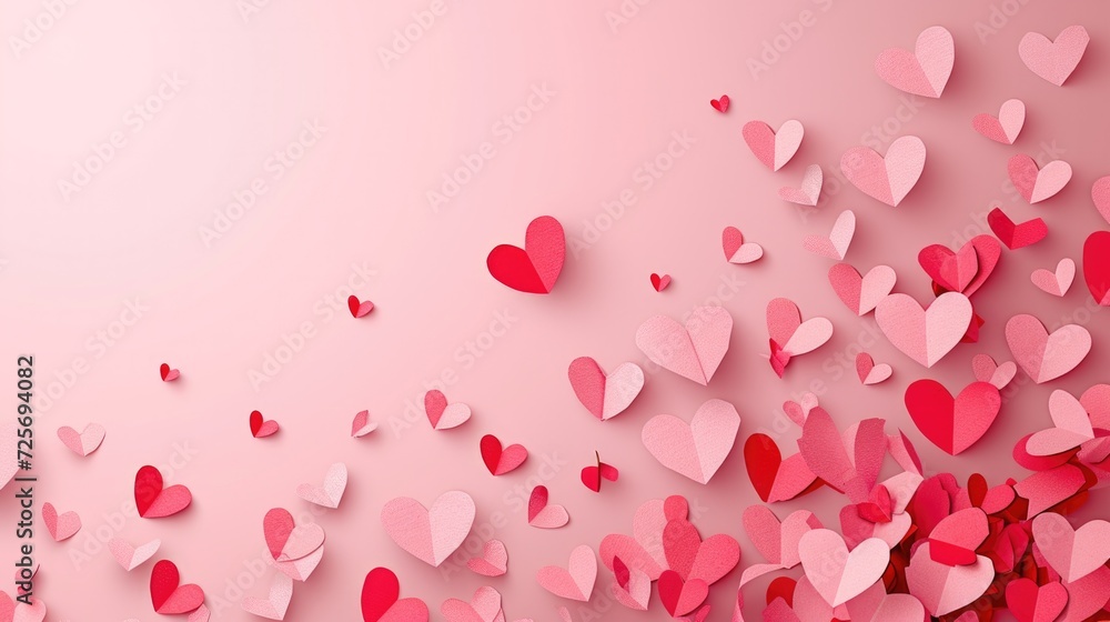 Paper composition in the shape of flying hearts on pink background, Paper composition in the shape of flying hearts on pink background,