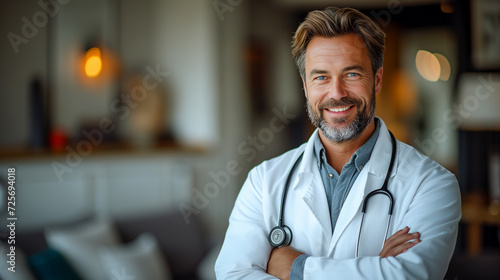 Medicine and healthcare concept : Medium Shot. happy male doctor standing and smiling with cross arms. Doctor with stethoscope. 16:9 Ratio with copy space. photo