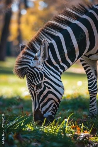 A zebra is peacefully grazing on grass in a wide open field. This image can be used to depict wildlife  nature  or animal behavior