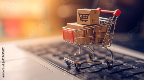 Online Shopping Concept with Mini Cart and Boxes.A miniature shopping cart filled with small cardboard boxes on a laptop keyboard, symbolizing the convenience of online shopping. photo