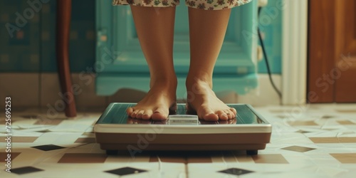 A person standing on a scale on a tiled floor. Can be used for weight measurement or health-related concepts photo