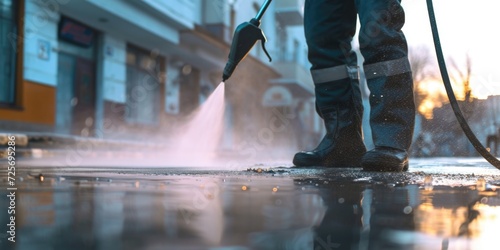 A man is seen using a pressure washer to clean a street. This image can be used to depict street cleaning or maintenance work