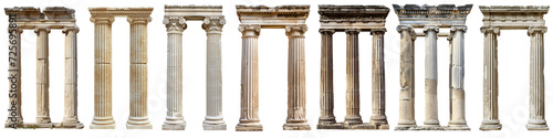 Classic antique marble column set. white doric column. ancient greek pillar. isolated on white background or transparent background photo