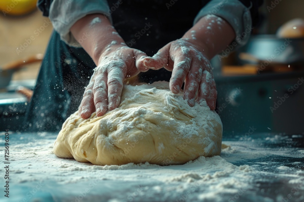 Person kneading dough on a table. Suitable for baking and cooking concepts