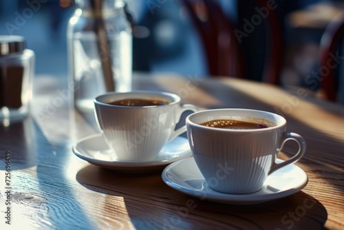 Two cups of coffee sitting on a wooden table. Perfect for coffee shop advertisements or cozy home decor.