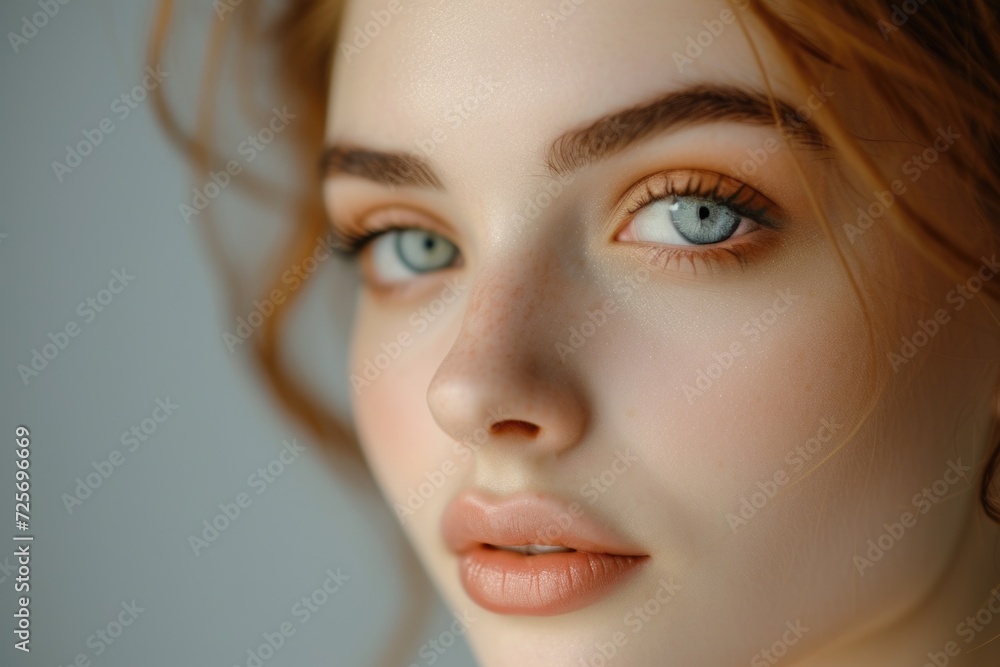 A close-up view of a woman with striking blue eyes. Perfect for beauty, cosmetics, or eye care advertisements A close-up view of a woman with striking blue eyes. Perfect for beauty, cosmetics, or eye care advertisements