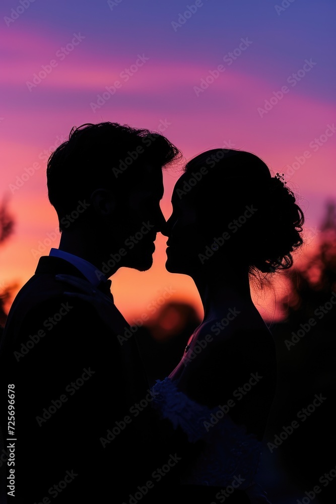 A beautiful silhouette of a bride and groom against the setting sun. Perfect for wedding invitations or romantic-themed projects