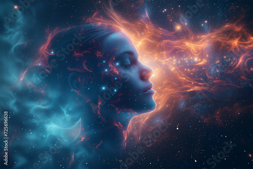 Discover cosmic serenity with a floating human head, radiant neural network, and misty halo—an image of neural harmony in the vastness of space.
