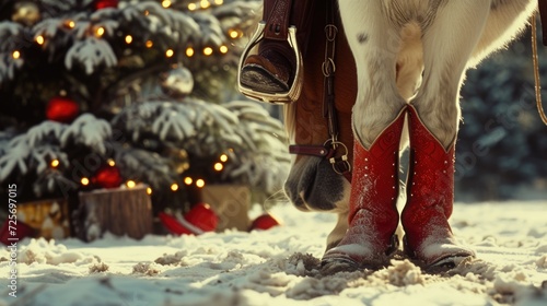 A close-up view of a horse's boots in the snow. This image can be used to depict winter scenes, equestrian sports, or rural landscapes