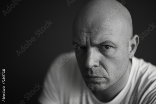 A black and white photo of a bald man. Suitable for various uses