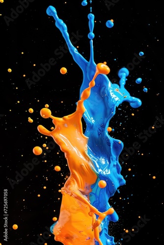 A vibrant splash of blue and orange paint on a black background. This image can be used to add a pop of color and creativity to various projects