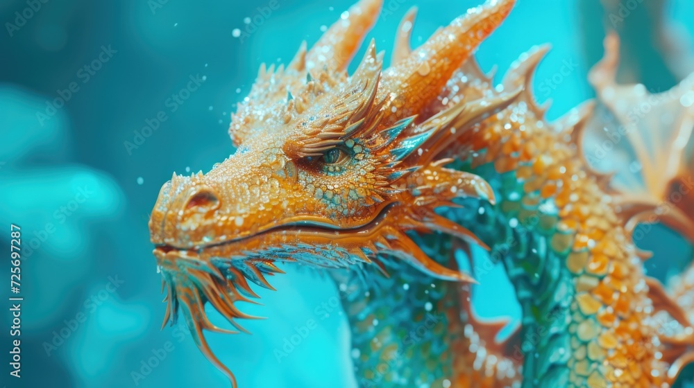 A detailed close up of a dragon's head submerged in water. Perfect for fantasy-themed designs and illustrations