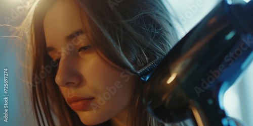 A woman using a blow dryer to dry her hair. This image can be used to showcase personal grooming or hairstyling
