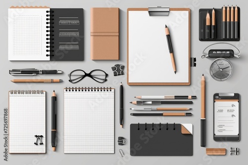 A collection of essential office supplies including a notepad, pen, glasses, and a clock. Perfect for professional settings and productivity-themed designs