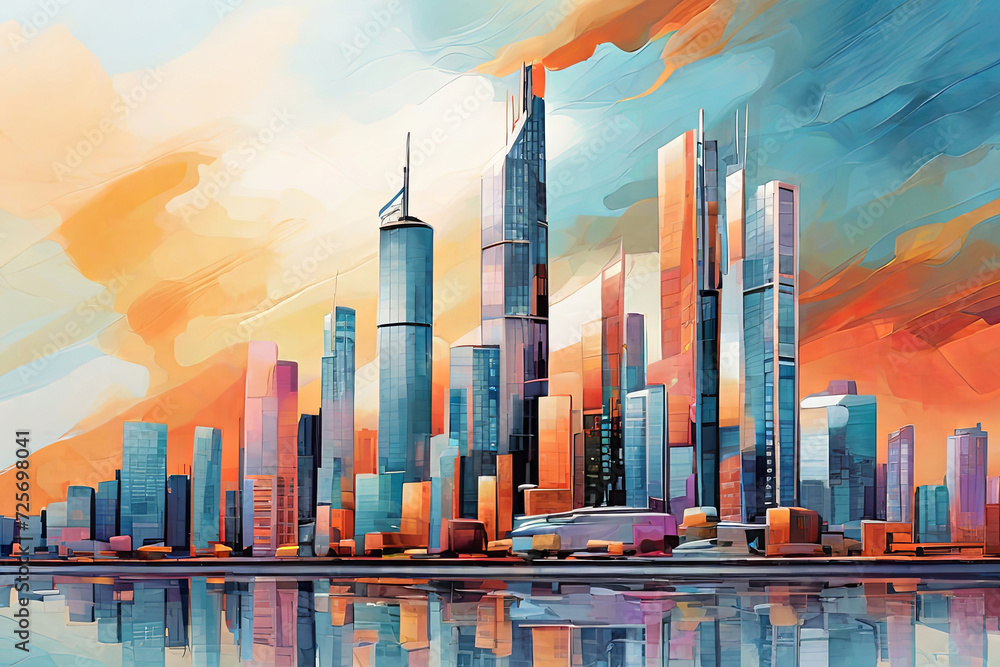 Watercolor cityscape. Explore the charm of a big city skyline captured ...